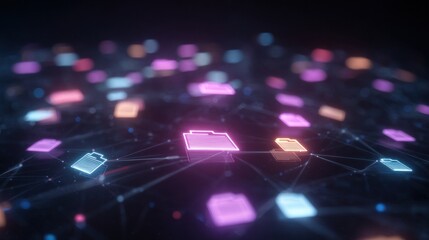 Abstract network grid with files and folders, futuristic software interface, digital document management system, store, search and organize documents, corporate business, paperless office