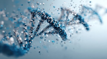 An artistic DNA double helix built from small glowing pixel fragments, like tiny squares of digital light. The pixels float in the air and converge into the DNA structure

