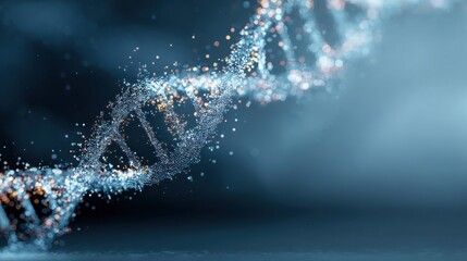 An artistic DNA double helix built from small glowing pixel fragments, like tiny squares of digital light. The pixels float in the air and converge into the DNA structure
