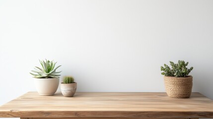 Minimalist decor with empty wooden table against white background for home interior design