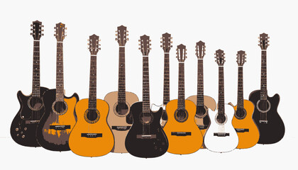 Naklejka premium A collection of various acoustic guitars set against a blank, white background