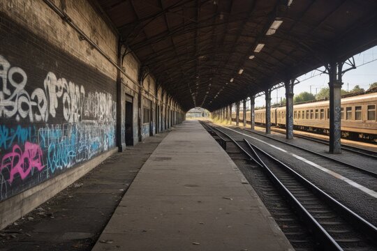 Verlassener Bahnhof oder alte Bahnsteighalle mit dunklem &Uuml;berdach und farbigem Graffiti an der Wand w&auml;hrend ein Zug auf den Gleisen vorbeif&auml;hrt Symbol f&uuml;r Urban Decay und Reise