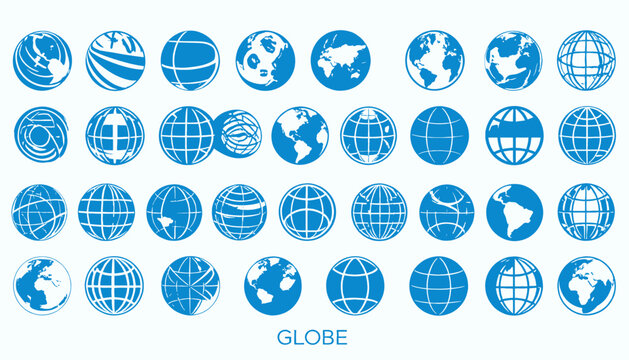 Collection of stylized blue globes on a white background, representing Earth's various aspects