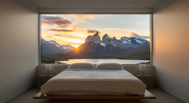 Wake up to breathtaking views in this modern bedroom with majestic mountains and sunrise over the lake, a peaceful escape