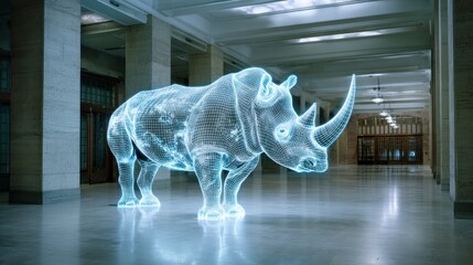Holographic rhino projection in an empty museum hall, futuristic and symbolic, extinction warning