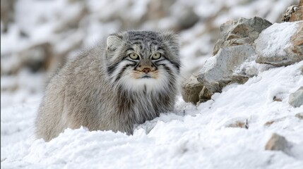 Pallas's cat on snow near abandoned military base, cold wind, contrast of wild survival and human destruction