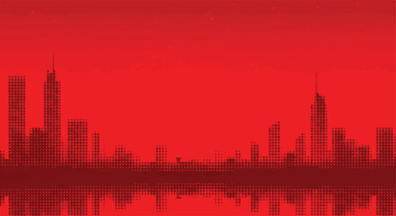 Obraz premium Striking Crimson City Skyline with Reflective Urban Silhouette