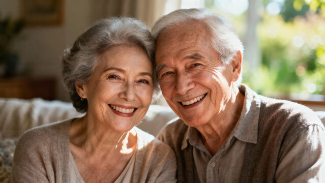Elderly couple smiling together on sofa in cozy living room  