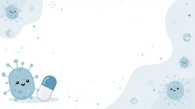 Cute medical-themed background showing smiling cartoon germs and a capsule pill, symbolizing healthcare, medicine, and protection against viruses in a friendly and playful way