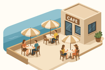 Isometric outdoor cafe setting with people by the water
