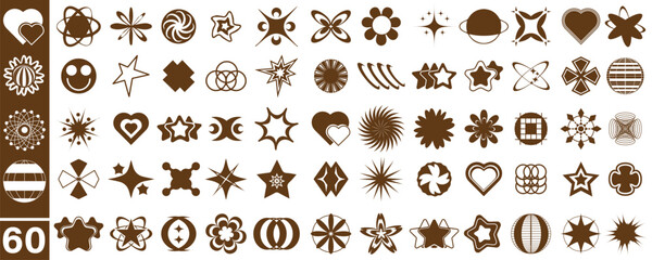 Set of simple abstract shapes. Big collection of vector geometric symbols and signs in y2k style. Logo elements design