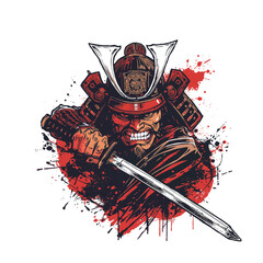 AI generated detailed ink illustration of a fierce samurai warrior with sword and helmet for print