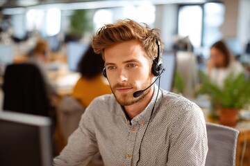 Focused customer support agent wearing headset working at computer in bright modern office