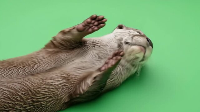 An otter lies on its back with its paws raised in the air against a solid green background, appearing playful.
