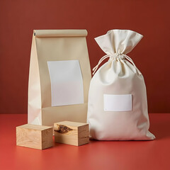 Retailer merchandise pack big hermetic pouch white with blank label presented near of craft paper bag and rustic wooden brick on red table