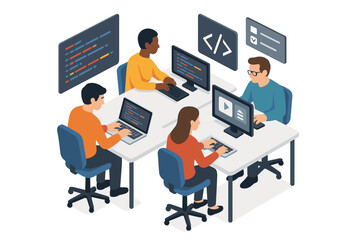 Fototapeta premium Diverse team of young adults collaborating on software development