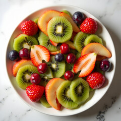 Sliced apples kiwi strawberries and cherries lies served