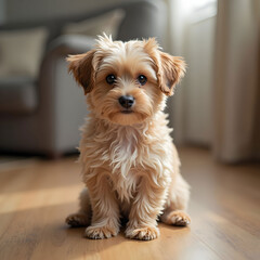 The small dog sitting on the floor
