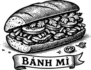 A detailed, hand-drawn black and white illustration of a Vietnamese Bánh Mì sandwich with fresh ingredients and a banner.