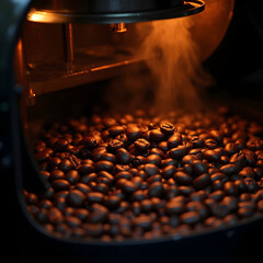 Dark aromatic chocolate coffee beans freshly baked and hot cool dawn inside the best professional roasting machine
