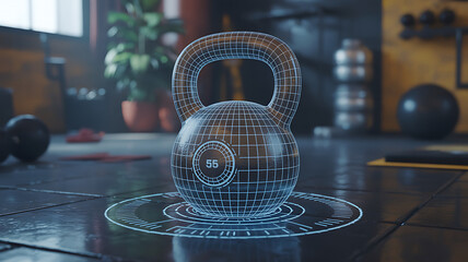 Futuristic holographic kettlebell glowing with blue digital energy on a gym floor