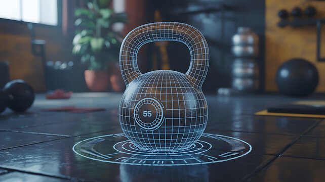 Futuristic holographic kettlebell glowing with blue digital energy on a gym floor