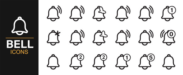 Fototapeta premium Modern bell outline icons for web, mobile, and user alert graphics.