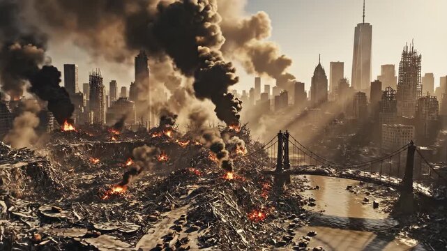 Desolate Cityscape After Catastrophic Event with Smoke and Ruins