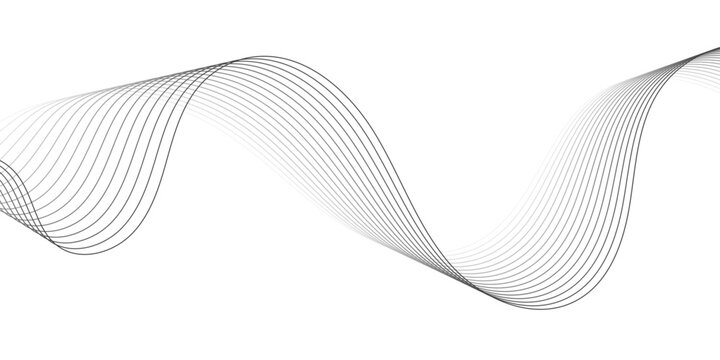 An abstract background featuring a series of thin, undulating, grayscale lines that create a dynamic wave pattern across a white canvas, suggesting sound waves or data flow.