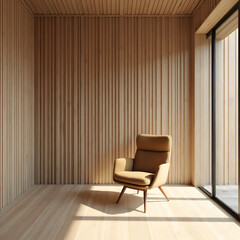 Modern design interior with armchair and wood slat walls in one continuous line drawing