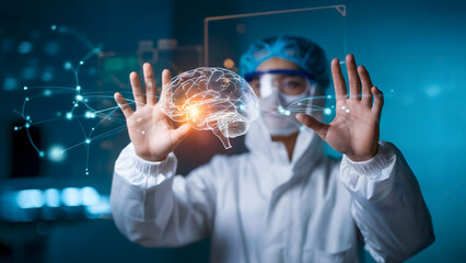 Futuristic healthcare: Doctor analyzes brain hologram for innovative research and advanced medical solutions using virtual reality technology in the lab