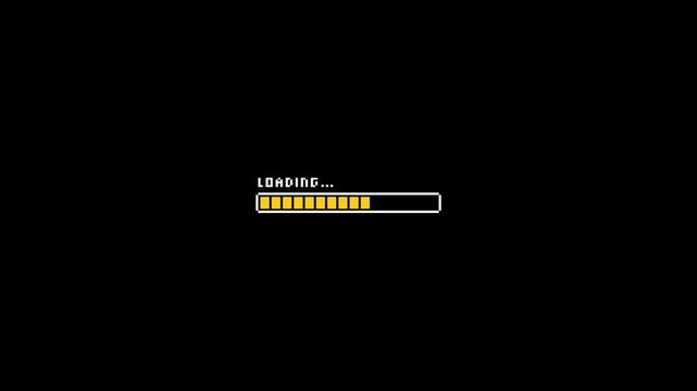 Pixel art loading bar animation 8-bit with yellow bar. HD 4K animation of loading with pixel art style.
