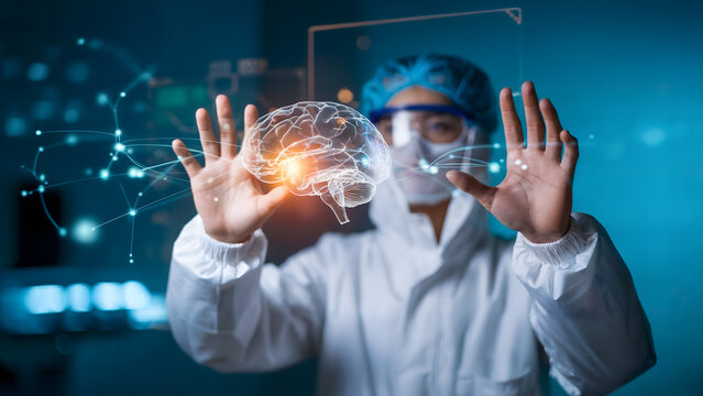 Futuristic healthcare: Doctor analyzes brain hologram for innovative research and advanced medical solutions using virtual reality technology in the lab