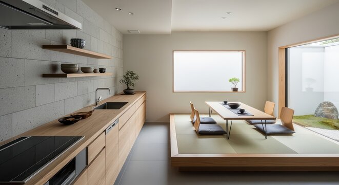 Serene Japanese kitchen and dining space blends modern design with tranquil tatami seating and zen garden view