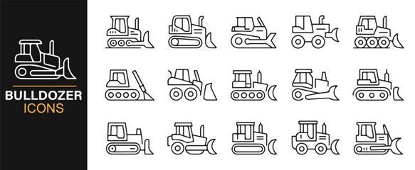 Bulldozer icon collection for construction, machinery, and engineering design.