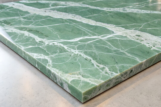 "Polished green marble slab with intricate white veining, glossy surface on light base, elegant natural stone ideal for countertops, flooring, and upscale interiors" generative ai