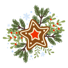 Obraz premium Festive gingerbread star surrounded by winter greenery and snowflakes for the holiday season