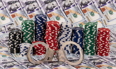 A conceptual story about ludomania (gambling addiction) with casino betting chips and handcuffs against a background of $100 bills.