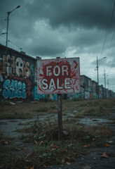 Urban decay for sale sign abandoned street photography gloomy environment low angle view real estate concept