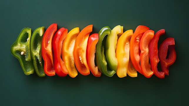 Vibrant bell pepper slices in rainbow colors on dark background