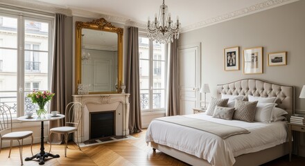 Fototapeta premium Elegant Parisian bedroom retreat with plush tufted bed, ornate fireplace, and city views