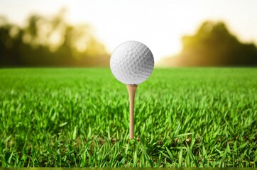 Golf clubs and white balls on beautiful green lawn