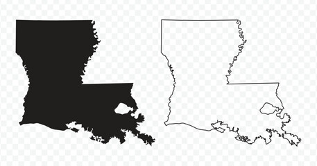 Black silhouette and outline maps of the state of Louisiana, USA