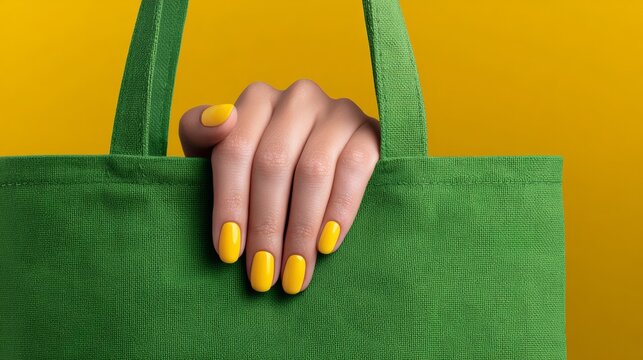 Hand with bright yellow nails holding a vibrant green tote bag against a cheerful yellow background, showcasing a stylish accessory and modern fashion trends in a playful and colorful setting