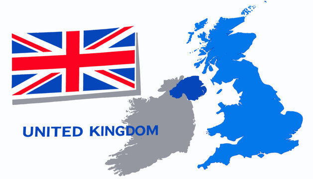 A flag and map graphic showing the outlines of the British Isles with the words "UNITED KINGDOM