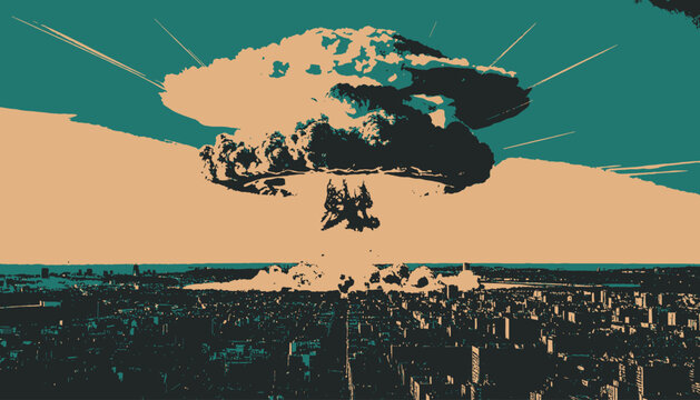 A stylized illustration presents a city skyline below a large explosion in the atmosphere