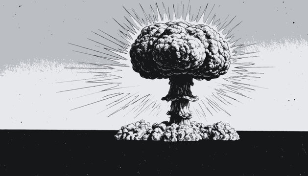 A striking grayscale illustration depicts a mushroom cloud explosion, symbolizing power and destruction