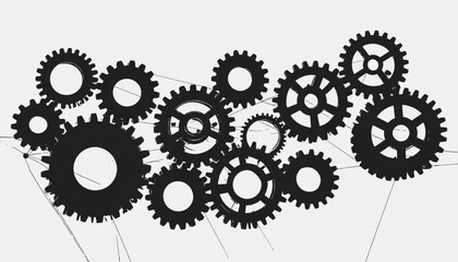 Black gears of various sizes in a mechanical arrangement against a white background with thin line art