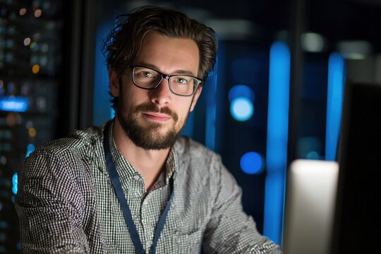 Confident IT specialist wearing glasses working late at night in modern server room with blue computer lights