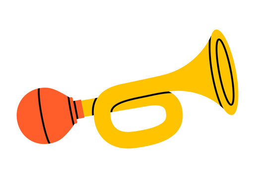 Hand drawn cute illustration of horn with bulb. Flat vector attention loud honk doodle. Warning vintage vehicle signal icon. Alert noise. Announce message sound. Isolated.